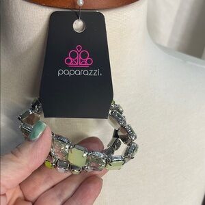 Paparazzi Silver Stretch Bracelet with Green Accents Set of 2